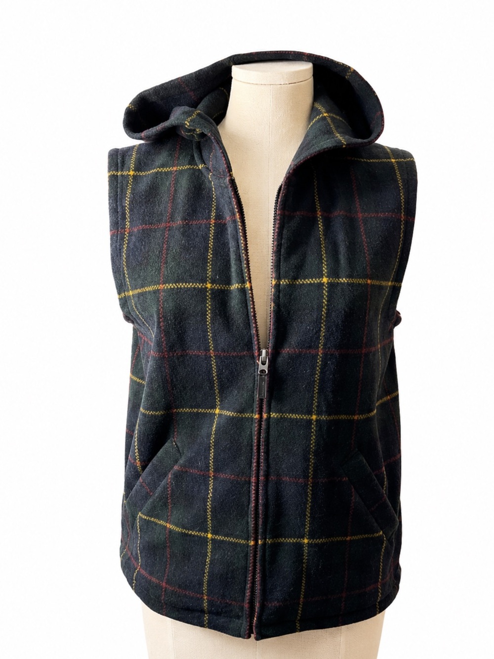 Ralph Lauren Plaid Fleece Vest Hooded Zip Front Cabincore Preppy Medium